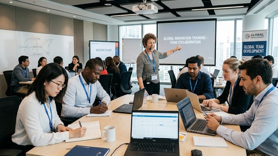 Trainer leading a workshop for an international team seated around a conference table